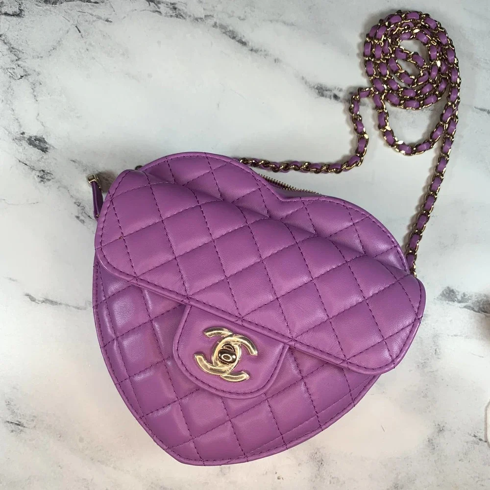 Chanel Purple Heart Bag large 22S CC Lambskin Leather Crossbody Authentic NEW - Picture 3 of 15